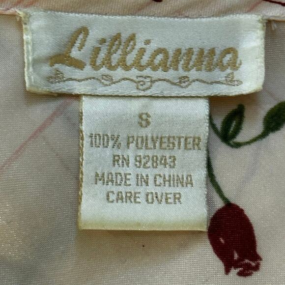 Vintage Lillianna Satin Heart & Rose Print Mini Slip Dress Ivory Pink Size Small - Picture 7 of 7
